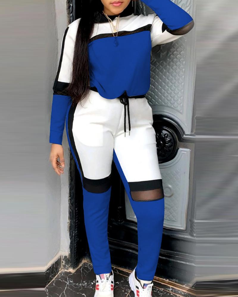 

Colorblock Casual Top & Drawstring Pants Set, Dark blue