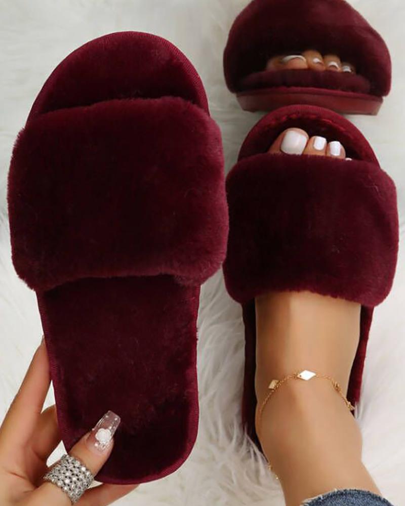 

Round Toe Fuzzy Casual Slippers, Wine red