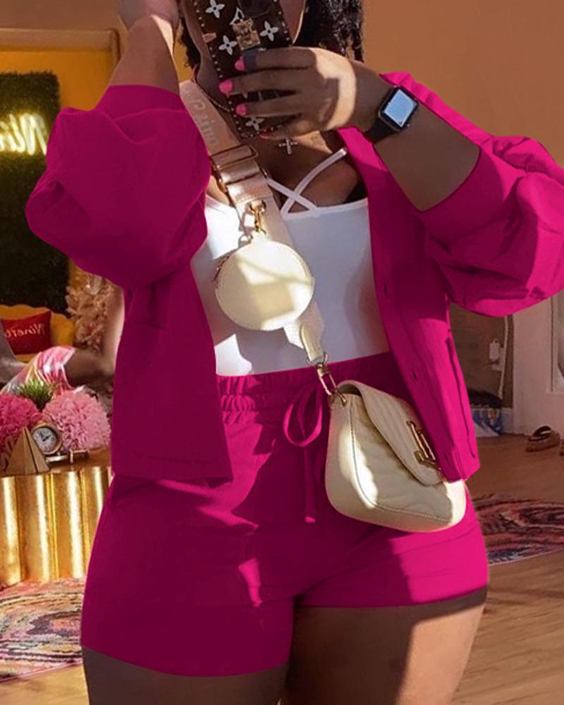 

Pocket Detail Button Front Jacket & Shorts Set, Hot pink