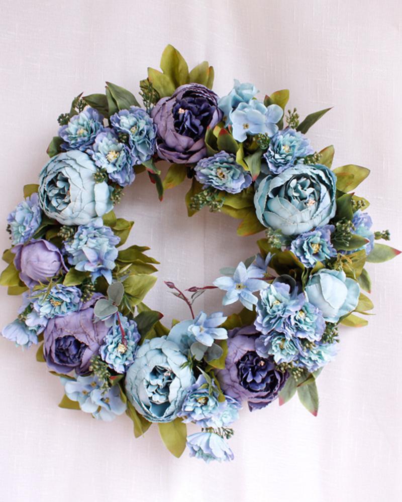 

1pc Artificial Peony Floral Garland Wreath Wedding Decoration Front Door Stairway Window Indoor Outdoor Home Decor Without Silk Ribbon, Blue