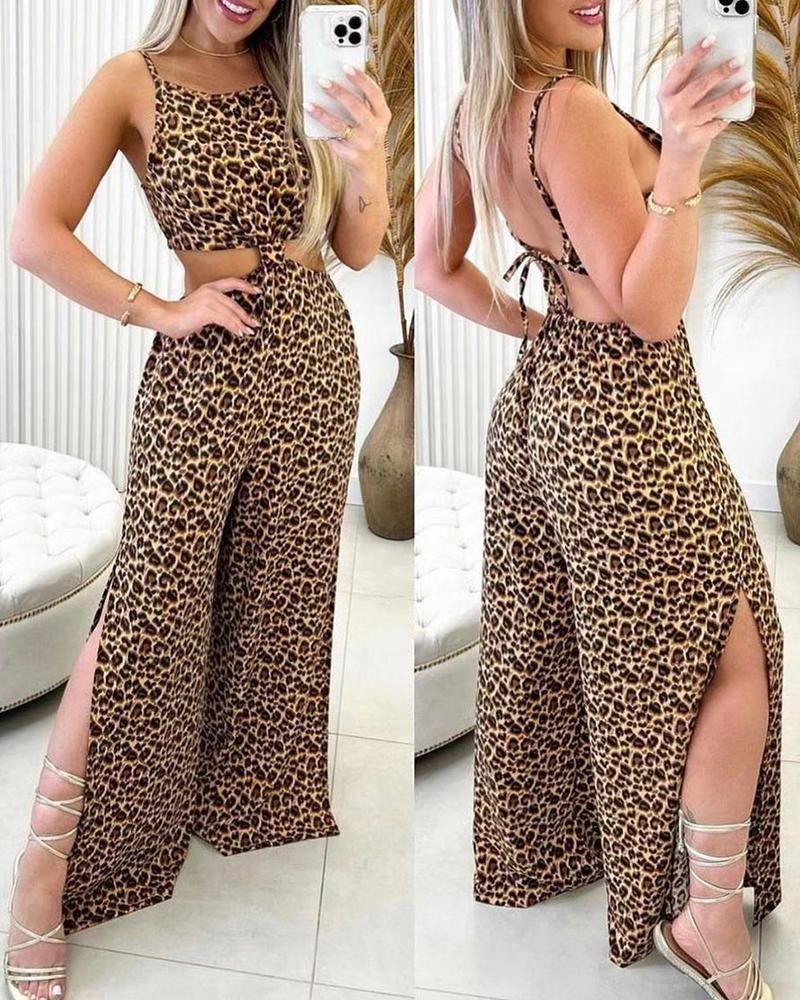 

Leopard Print Backless Slit Jumpsuit