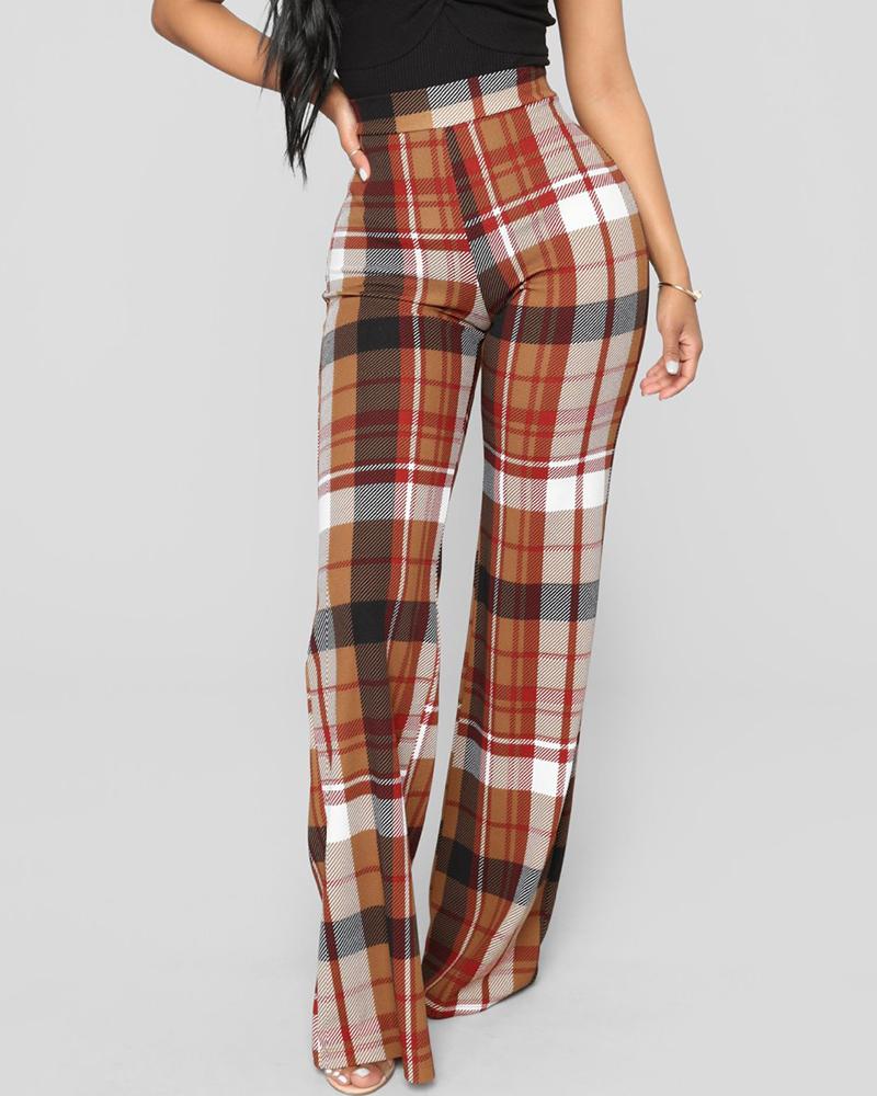 

Wide Leg Plaid Print High Waist Pants, Wine red
