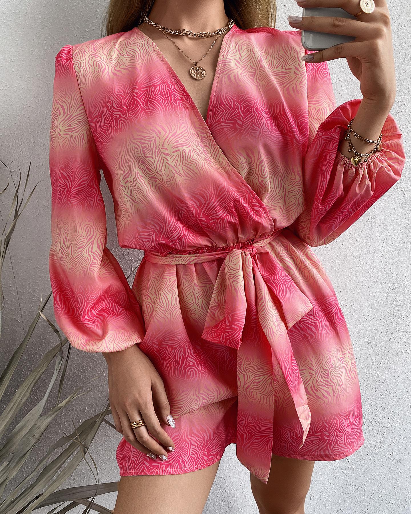

Ombre Lantern Sleeve Belted Romper, Pink