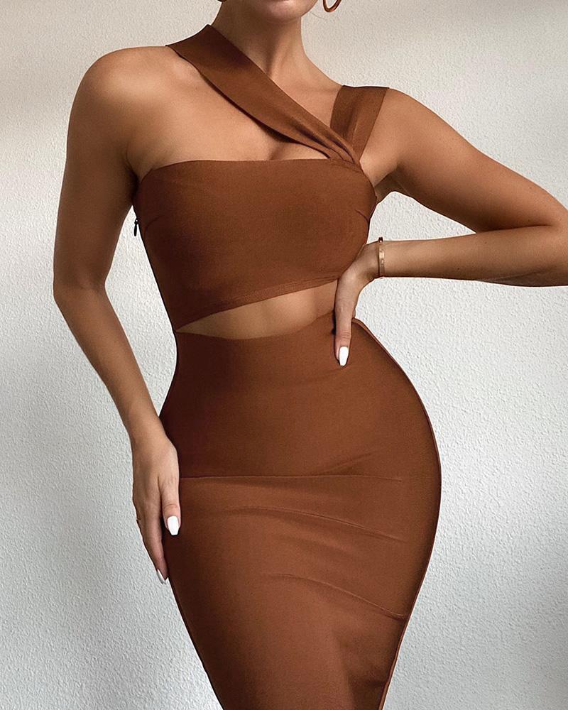 

Plian One Shoulder Cutout Dress, Coffee