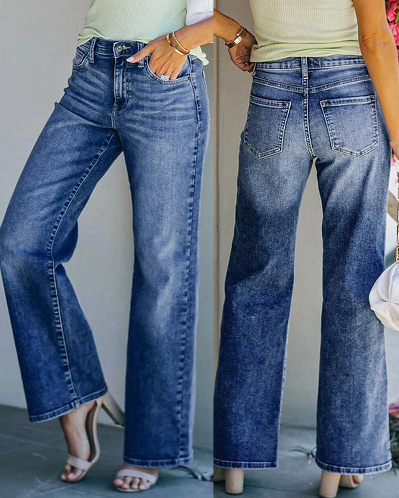

Zipper Fly Straight Leg Jeans, Blue