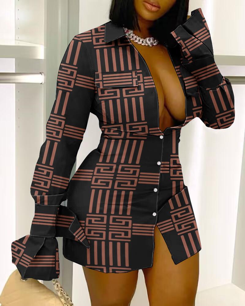 

Geometric Print Long Sleeve Button Down Shirt Dress, Black