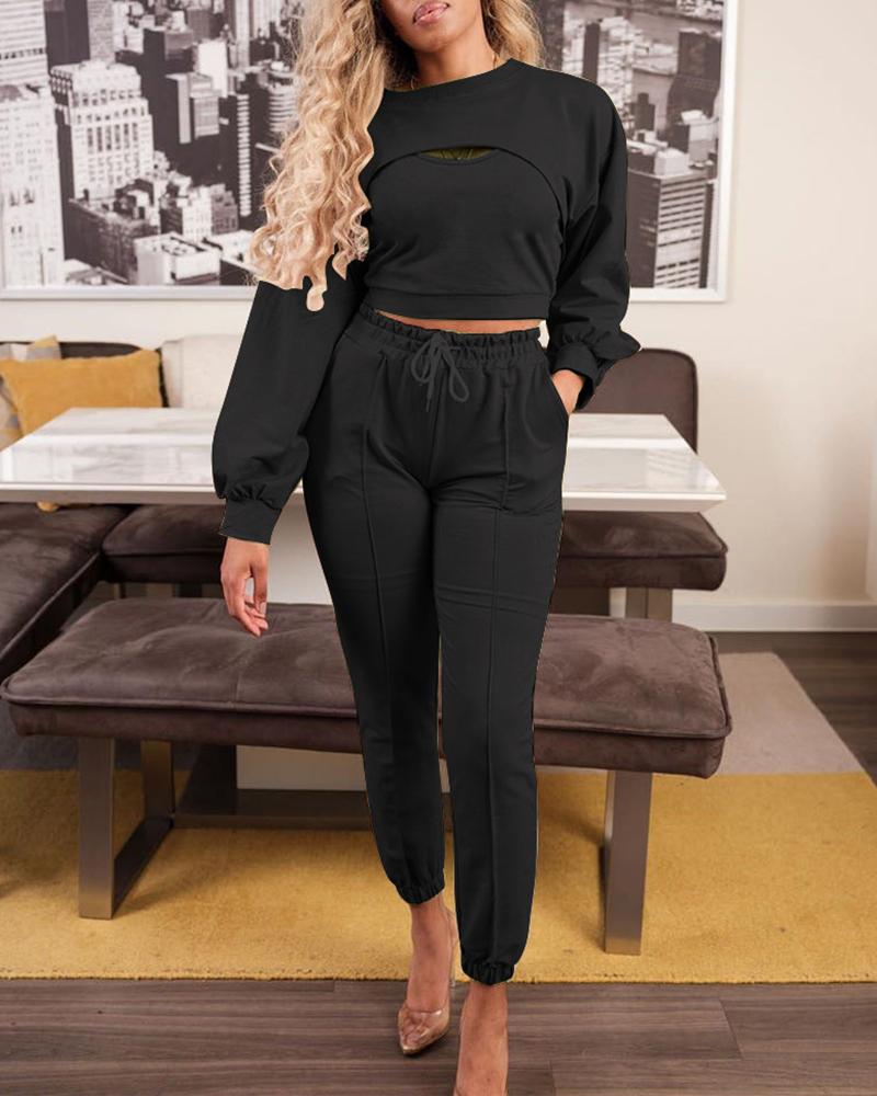 

Plain Long Sleeve Top & Drawstring Pants Set(3PCS), Black