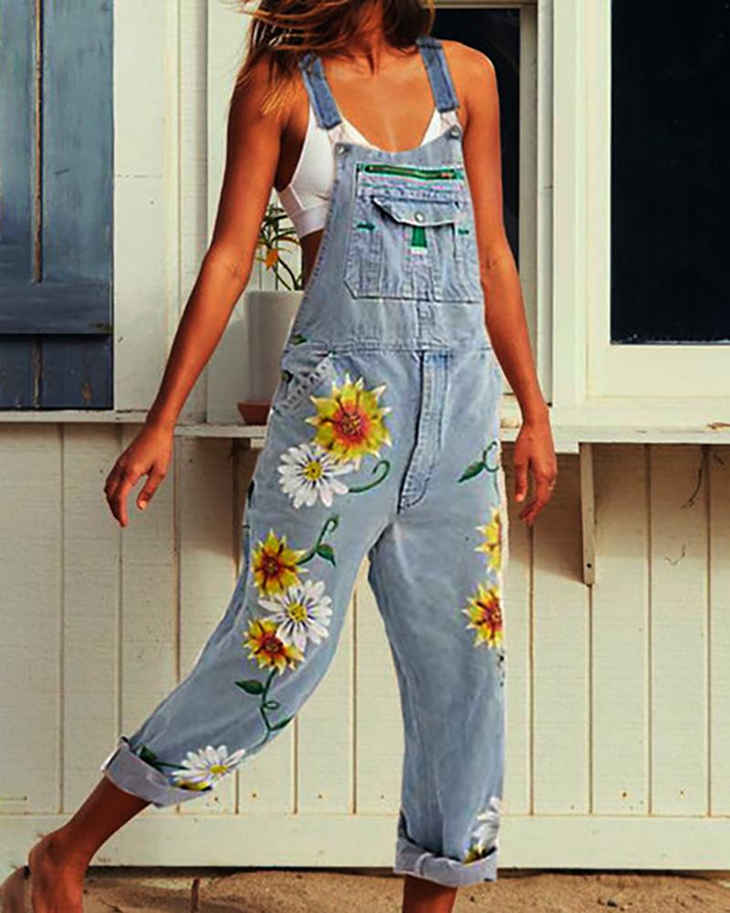 

Thin Strap Floral Embroidery Pocket Suspender Jumpsuit, Light blue