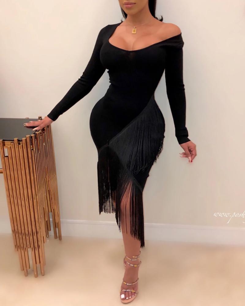 

Tassel Design Long Sleeve Dress, Black