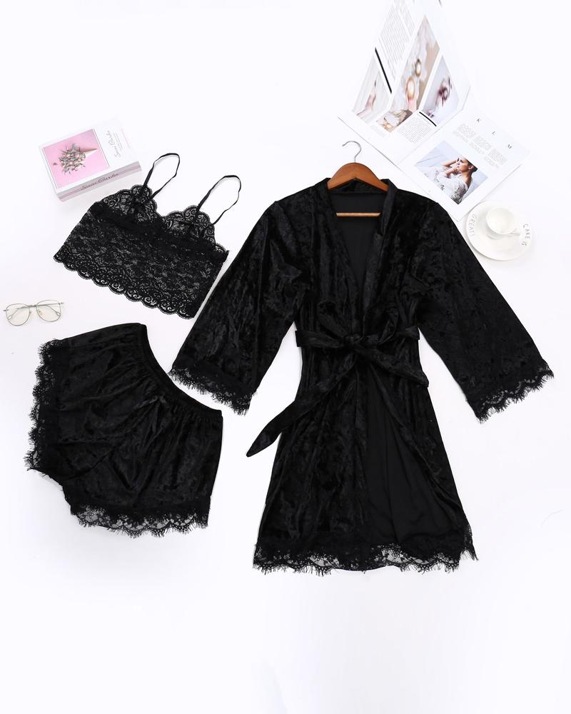 

3PCS Lace Trim Cami Set With Belted Velvet Robe, Black