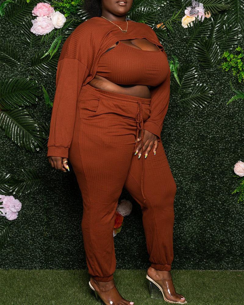 

Plus Size 3PCS Ribbed Cami Top & Pants Set With Super Crop Top, Brown