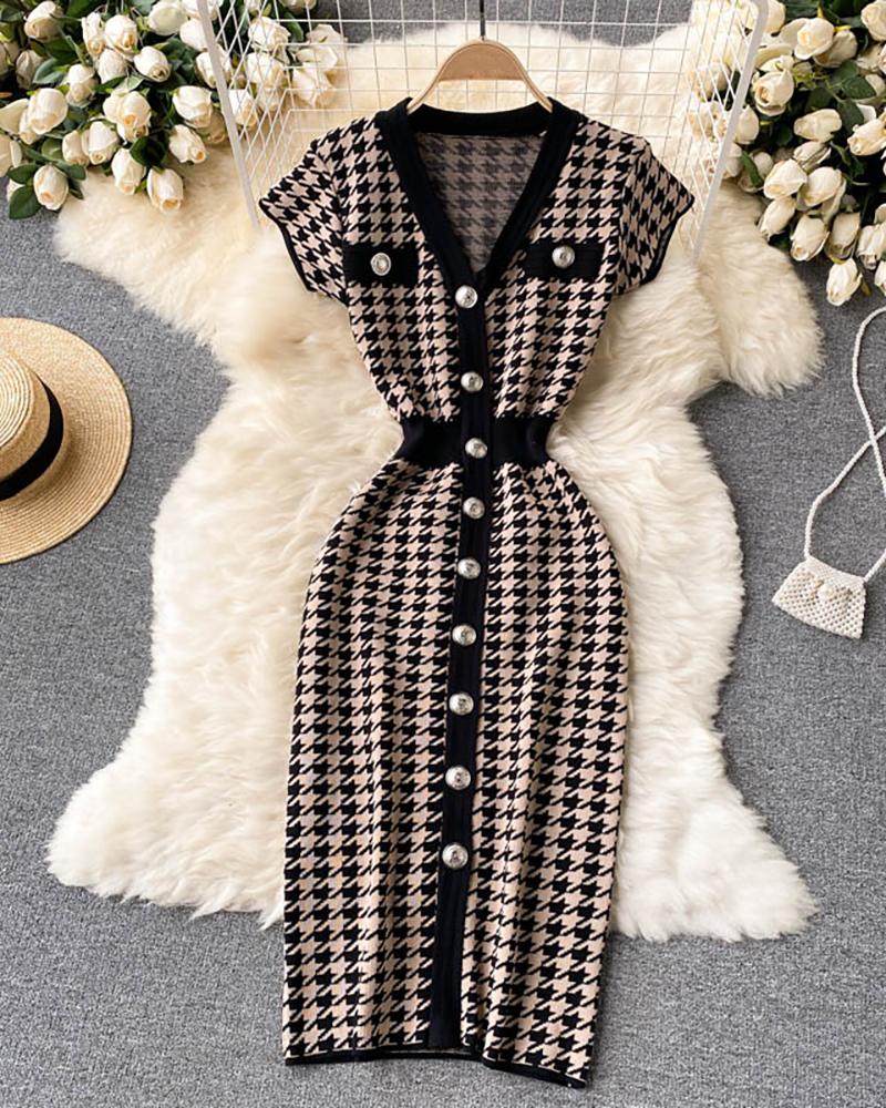 

Houndstooth Pattern Tight Waist Knit Bodycon Dress, Black