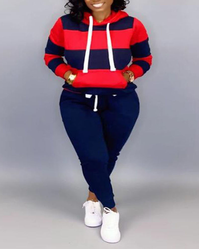 

Plus Size Colorblock Long Sleeve Hoodie & Pants Set, Red