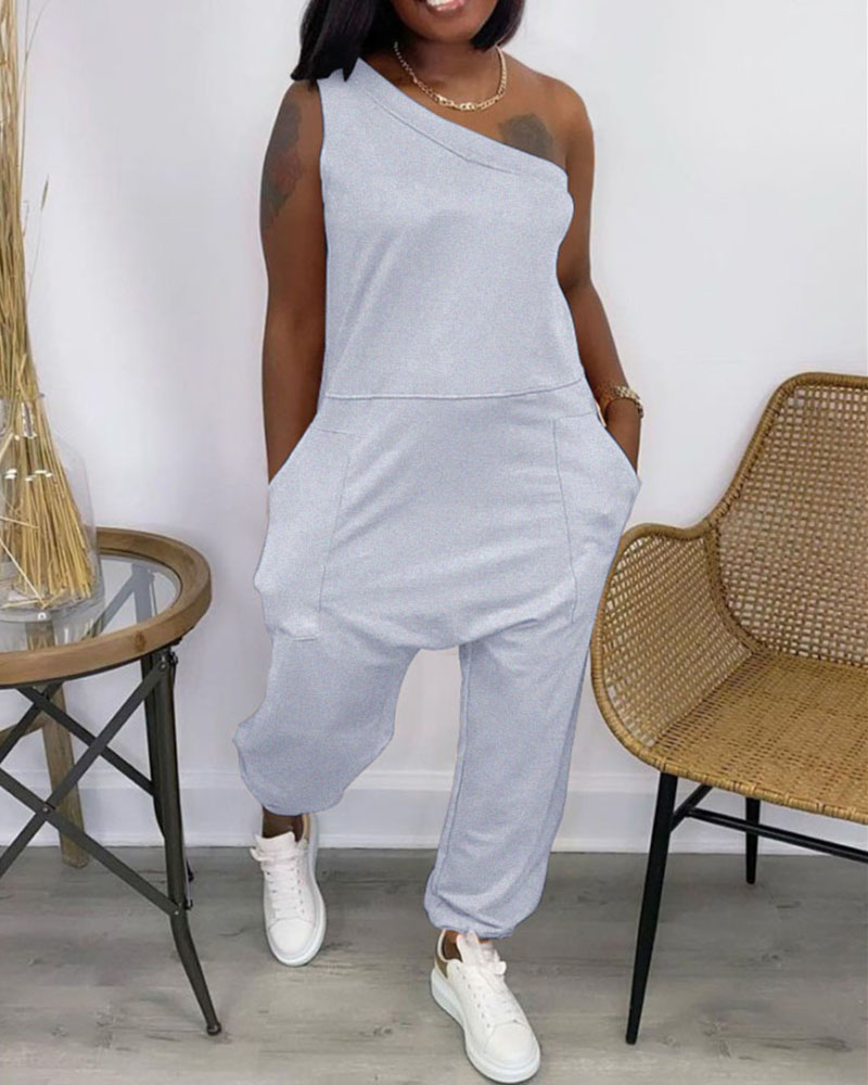 

One Shoulder Pocket Design Casual Jumpsuit, Gray
