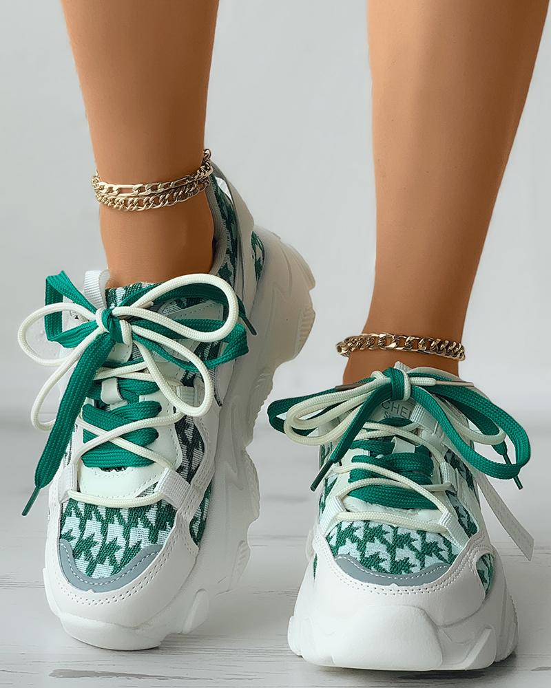 

Allover Pattern Colorblock Lace-up Muffin Sneaker, Green