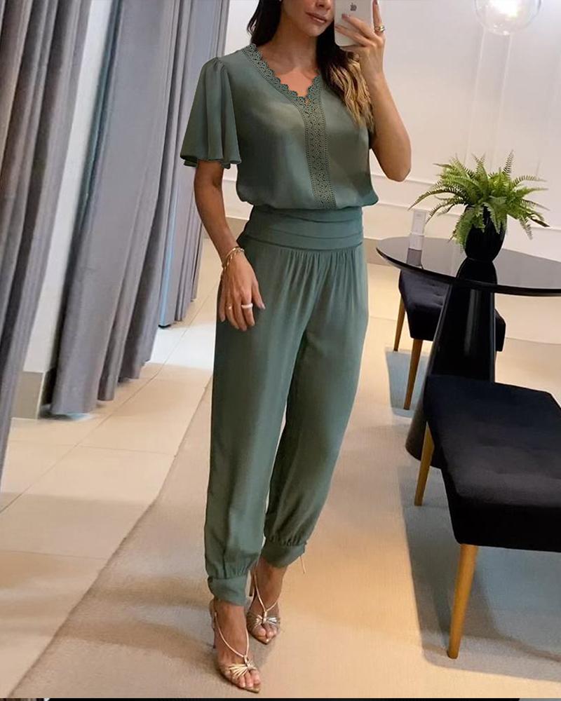 

Lace Patch Top & High Waist Cuffed Pants Set, Green