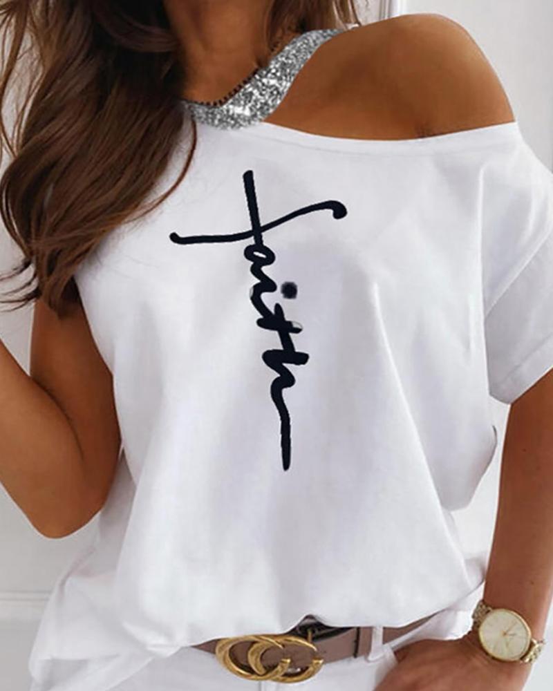 

Letter Pattern Print One Shoulder Sequins Top, White