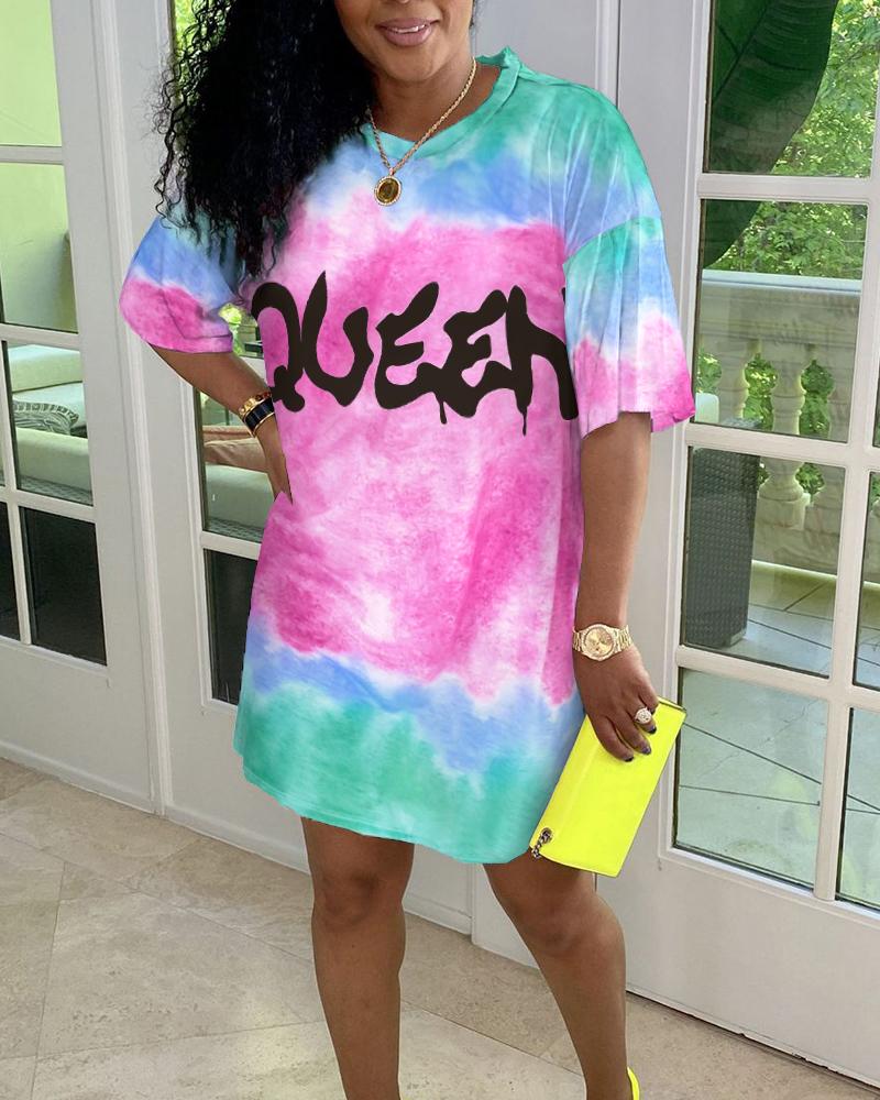 

Tie Dyed Letter Print Loose Casual Tee Dress, Multicolor