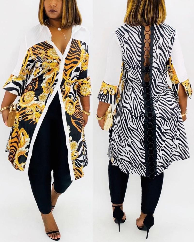 

Plus Size Baroque Zebra Stripe Print O-Ring Longline Top, White