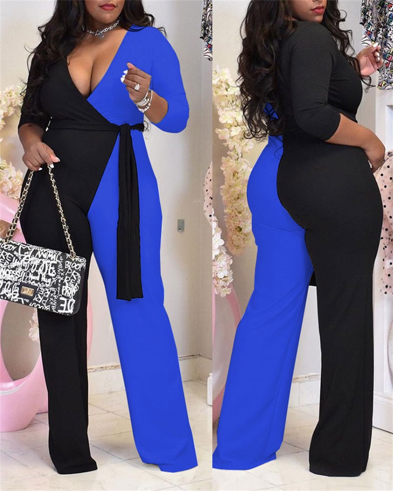 

Plus Size Colorblock Surplice Neck Belted Jumpsuit, Blue