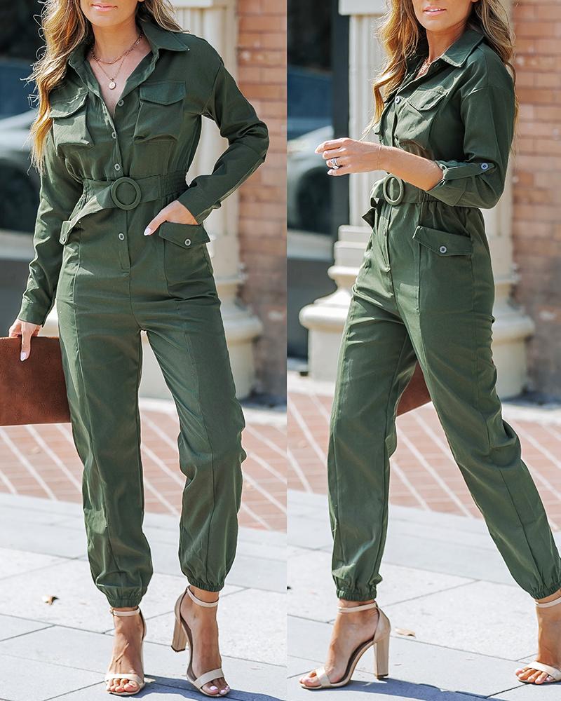 

Roll Up Sleeve Pocket Design Shirred Buckled Cargo Jumpsuit, Army green