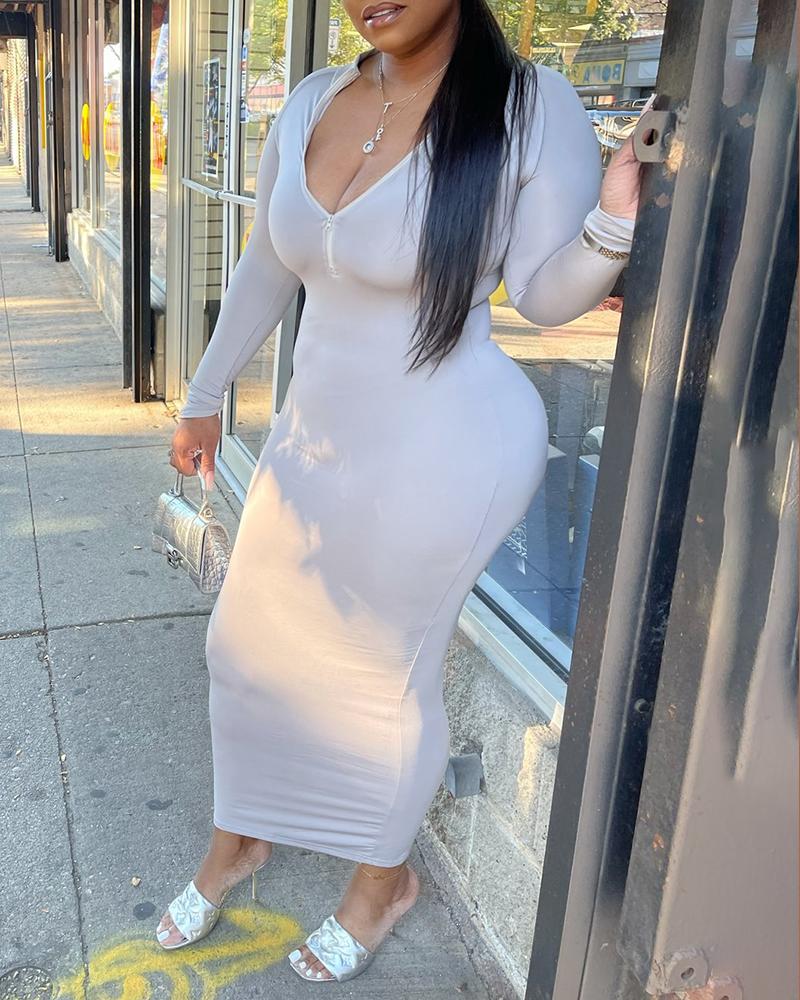 

Zipper Design Long Sleeve Skinny Maxi Dress, White