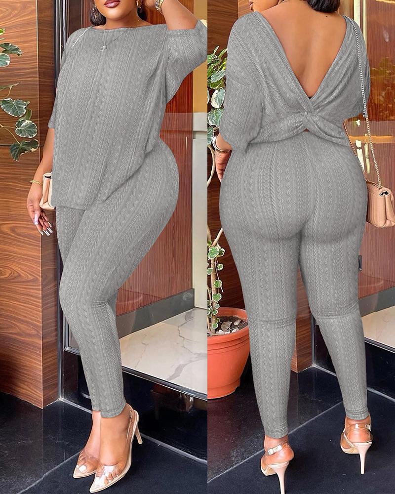 

Cable Textured Twisted Backless Top & Pants Set, Gray
