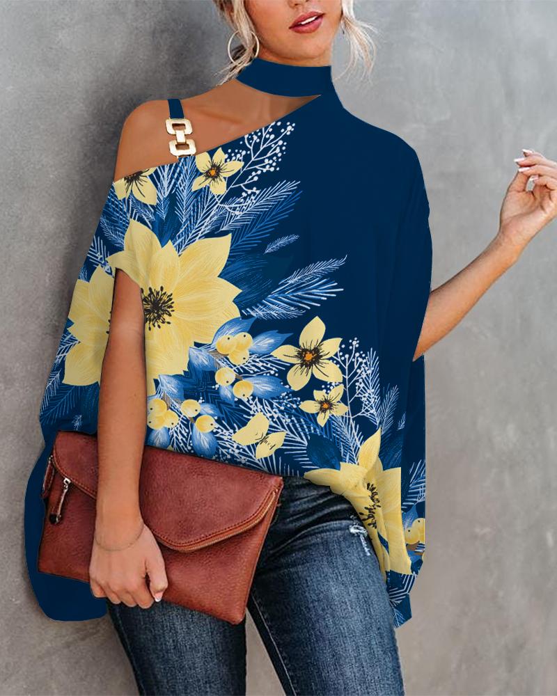 

Tropical Print Cold Shoulder Batwing Sleeve Top, Dark blue