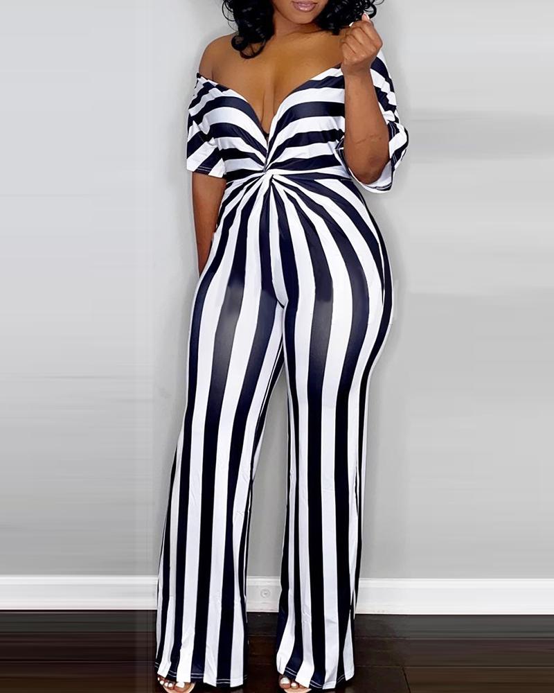 

Plunge Twist Detail Striped Print Jumpsuit, Black