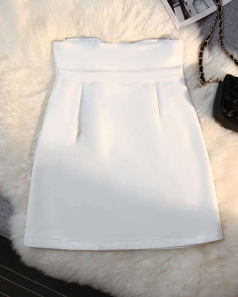 

High Waist PU Leather Zipper Design Skirt, White