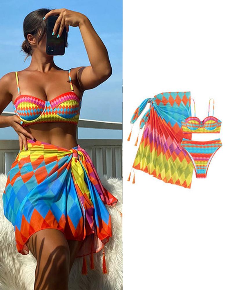 

3PCS Argyle Print Bikini Set With Cover Up Skirt, Multicolor