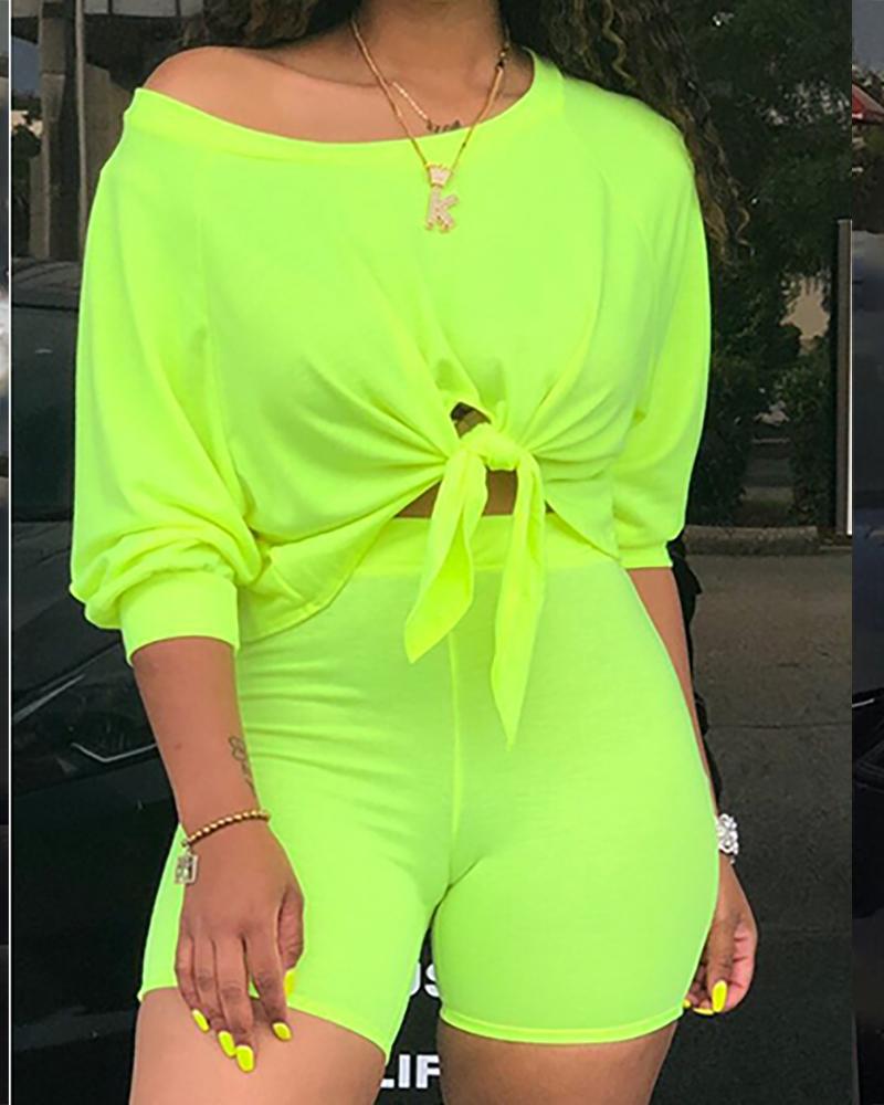 

Solid Knotted Detail Crop Top & Short Set, Green