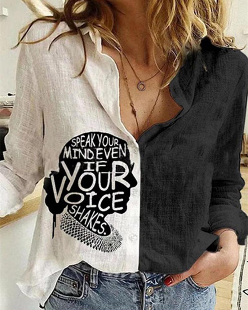 

Letter Figure Print Colorblock Long Sleeve Shirt, Blackwhite