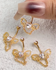 

4pcs Zircon Heart Wings Shaped Chain Decor Piercing Belly Nose Rings Cartilage Clips Set, Gold