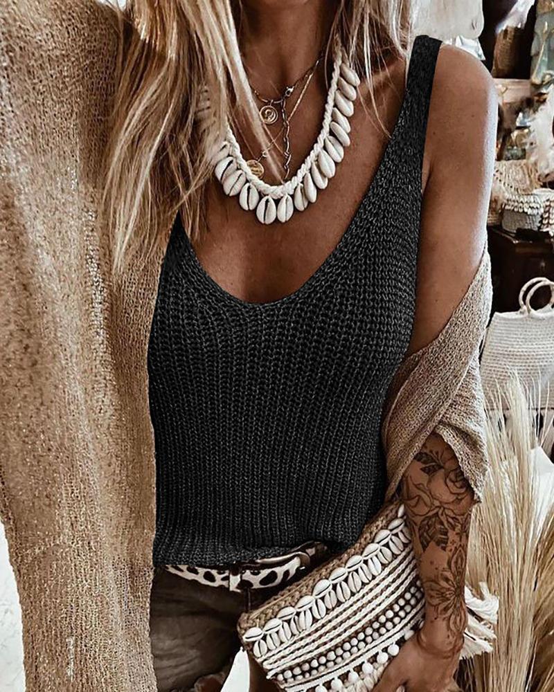 

U Neck Thick Strap Knit Basic Top, Black