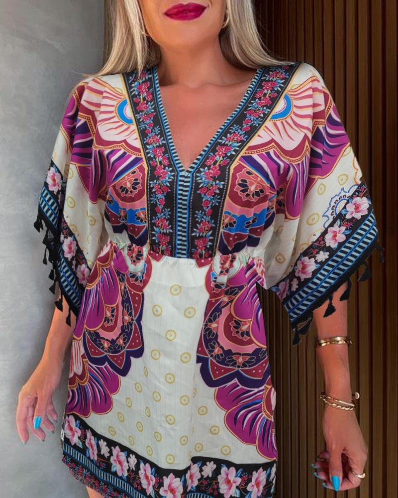 

Scarf Floral Print Tassel Trim Top & Skirt Set, Multicolor