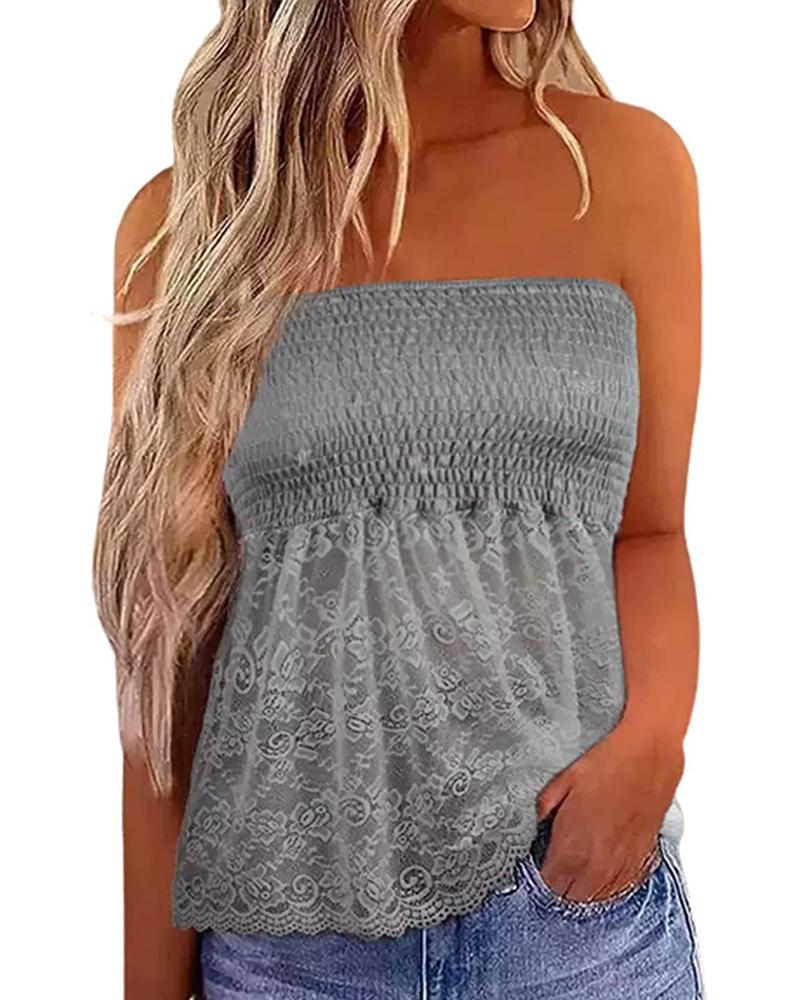 

Shirred Crochet Lace Patch Tank Top, Gray