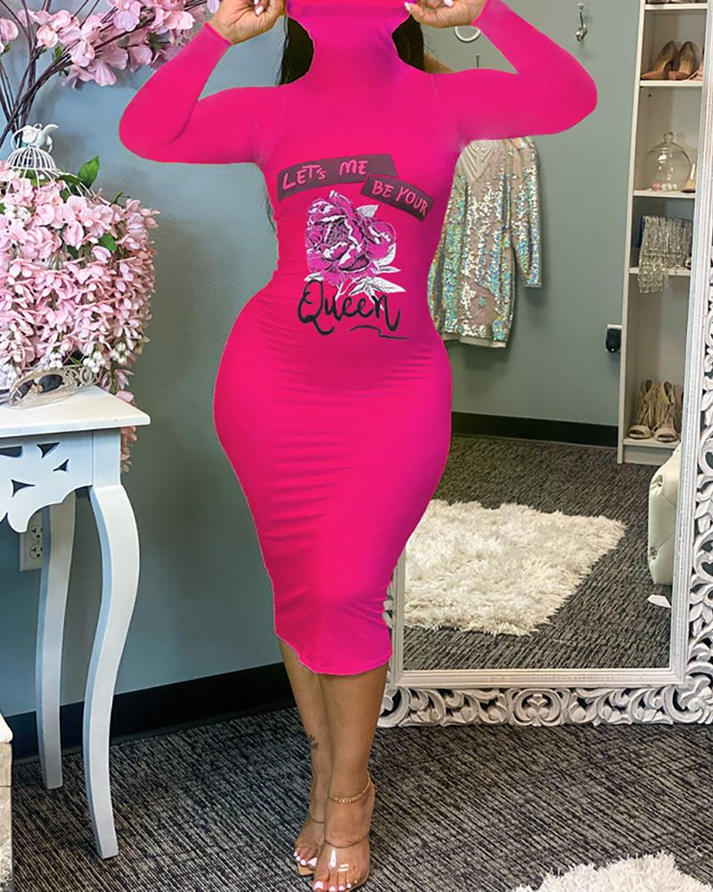 

Floral Letter Print Long Sleeve Dress, Hot pink