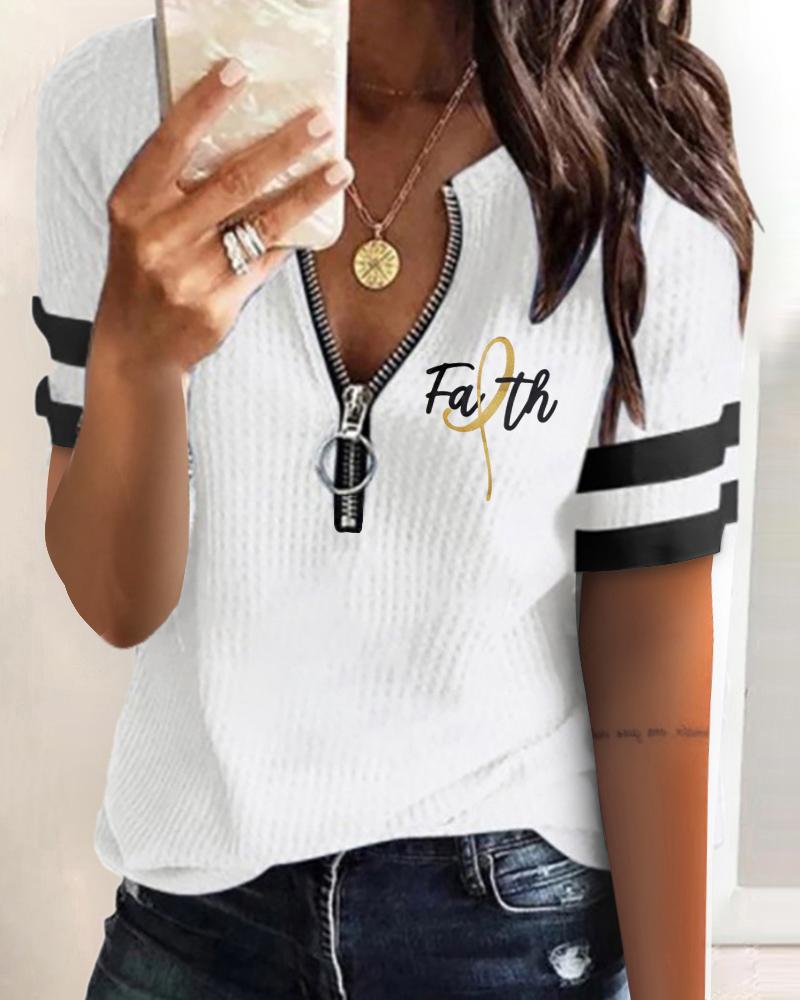 

Print Letter Plain White Zipper Front V-neck T-shirt, Style2