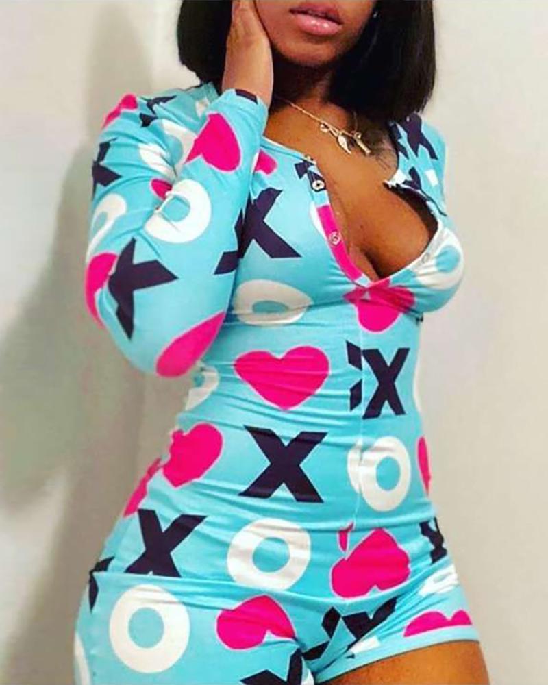 

Letter Print Plunge Romper, Light blue