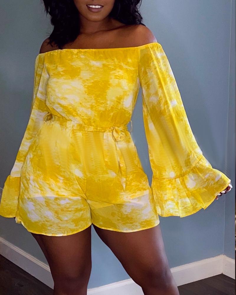 

Tie Dye Print Off Shoulder Bell Sleeve Romper, Yellow