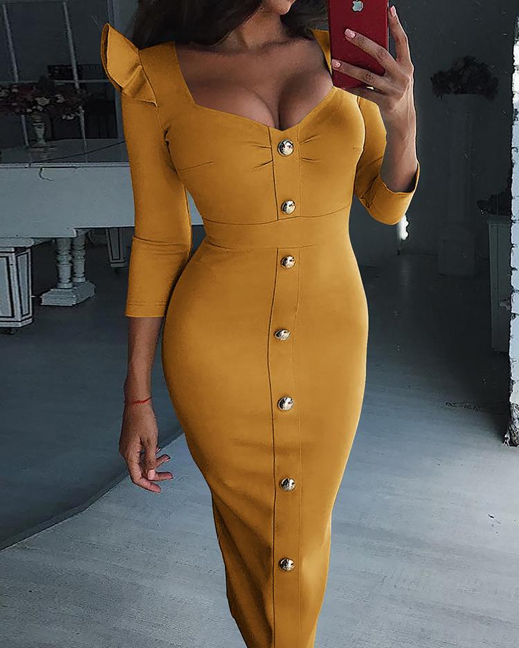 

Button Decorate Ruffles Shoulder Bodycon Dress, Yellow