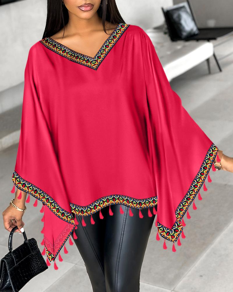 

Aztec Geometric Tape Patch Batwing Sleeve Top, Hot pink