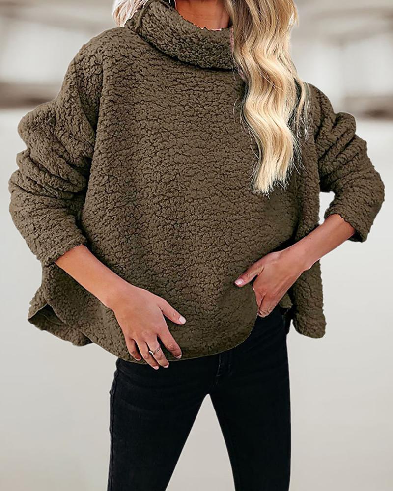 

High Neck Long Sleeve Teddy Coat, Green