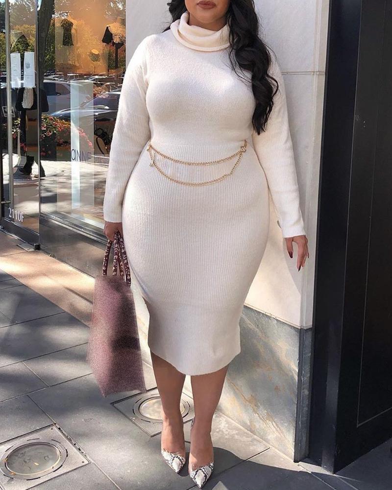 

Plus Size Turtleneck Plain Sweater Dress, White