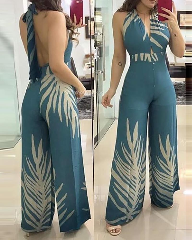 

Leaf Print Tied Detail Backless Wide Leg Jumpsuit, Blue