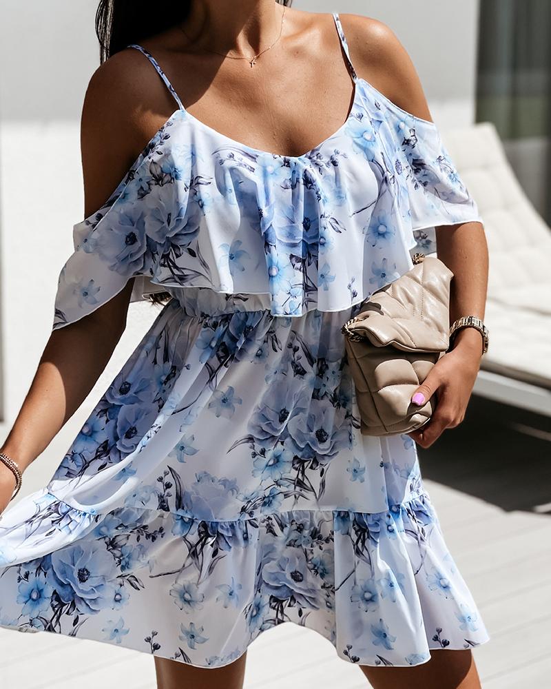 

Cold Shoulder Layered Floral Print Dress, Blue
