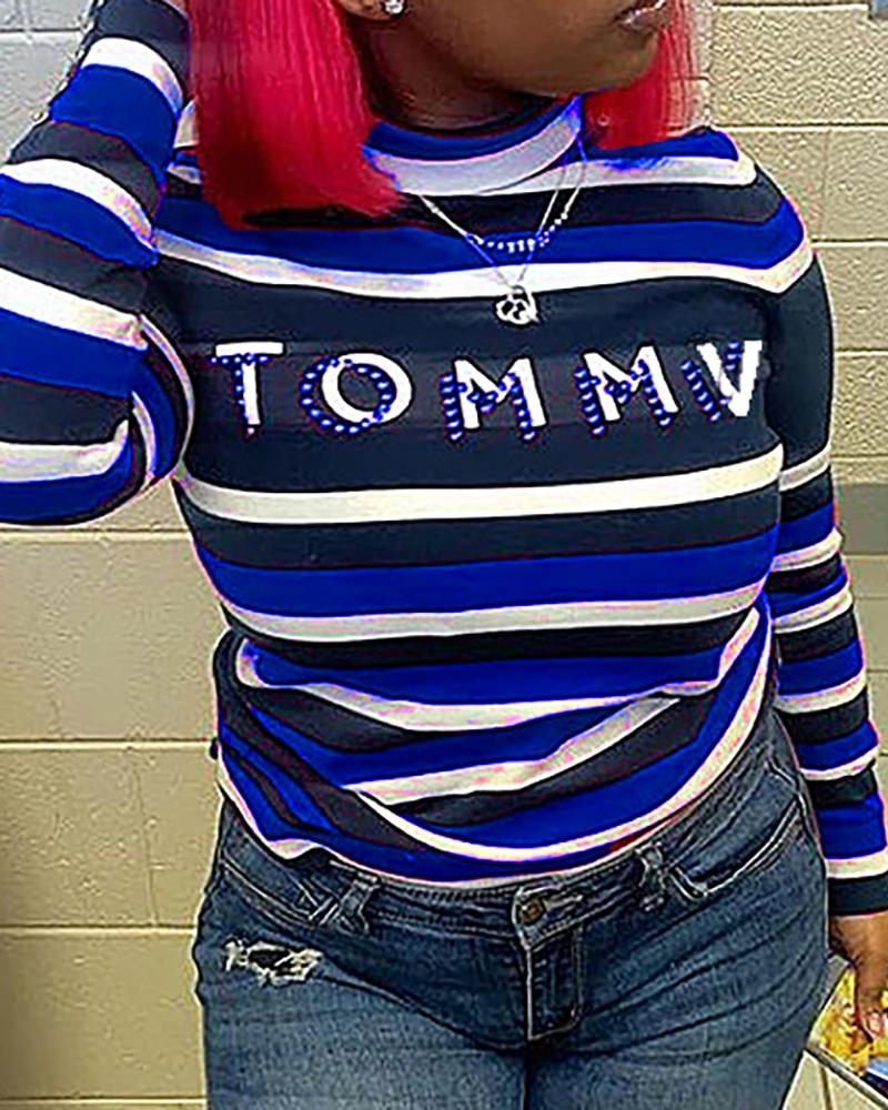 

Letter Striped Print Long Sleeve T-shirt, Blue