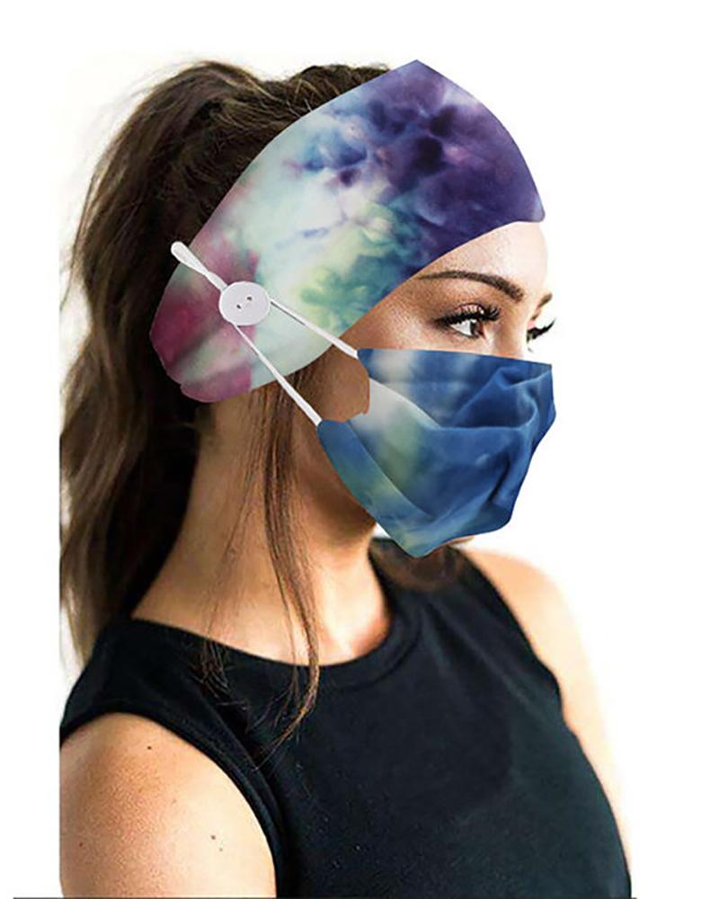 

Button Wide Headband Elastic Facemask Holder With Mouth Mask, Blue