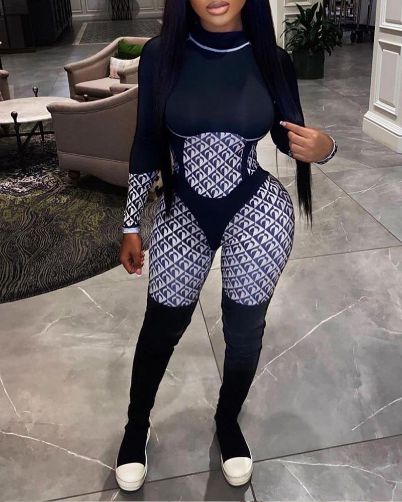 

Geo Print Patchwork Long Sleeve Skinny Jumpsuit, Black